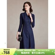 MORELINE沐蘭輕奢設(shè)計(jì)感蕾絲拼接連衣裙2025年春新款高級(jí)感V領(lǐng)A字裙中長(zhǎng)款 藏藍(lán) L