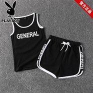 花花公子官方潮流男短褲無(wú)袖t恤衩跑步三分褲子夏季情侶背心休閑運動(dòng)套裝 黑色【一套】 L 身高165/115斤
