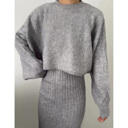 HUALIN FASHION歐美風(fēng)ins針織毛衣女連衣裙兩件套時(shí)尚純色套頭女裝 灰色-釘珠 均碼