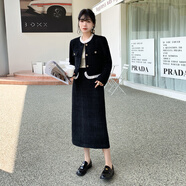源夫人2025春季新款小香風(fēng)短外套女+半身一步裙兩件套女裝新春套裝裙子 黑色【外套+半身裙】一套 S