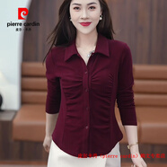 皮爾卡丹（pierre cardin）百搭收腰打底衫女秋季2025新款設計感長(cháng)袖襯衫遮肚子修身顯瘦上衣 酒紅色 M 建議80-100斤