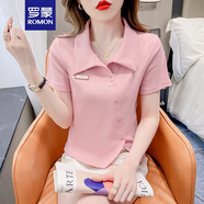 羅蒙（ROMON）夏季短袖t恤女裝2024新款寬松顯瘦時(shí)尚純色polo衫女體恤上衣打底 粉色 M (90-100斤)