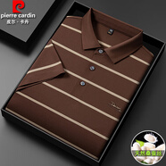 皮爾卡丹(pierre cardin）短袖t恤男士中年夏季薄款條紋半袖polo衫 短袖-棕色8128款 3XL 56/建議170-185斤