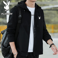 花花公子（PLAYBOY）夾克男外套上衣男外套春秋季薄款新款純色棒球服連帽茄男 黑色 4XL （建議170-185斤）