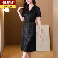 恒源祥瑪古芭v領(lǐng)短袖真絲復(fù)古連衣裙女2025夏季新款大碼收腰顯瘦高級(jí)感 黑色 L 【建議90斤-105斤】