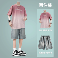 迅特森臻道短袖夏季T恤青少年休閑運動套裝印花五分袖薄款圓領學 a6807粉紅色+sz33懷舊藍 t恤+牛仔褲 M  建議70-90斤