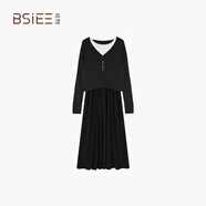 BSIEE本澀設計條紋連衣裙套裝年秋冬新品假兩件V領(lǐng)正肩兩件套 黑 M 16084A