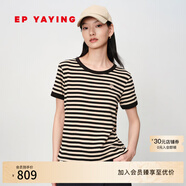 EP雅瑩女裝 長絨棉休閑圓領(lǐng)條紋正肩短袖t恤衫上衣 2025夏季新款5337A 駝色 L