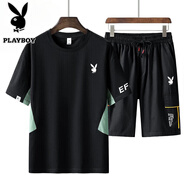 花花公子（PLAYBOY）短袖T恤套裝男士棉質(zhì)上衣半截袖體恤短褲夏季新款中年男士百搭寬 黑色 XL （130斤-145斤）