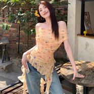 貞喜氣 一字肩上衣夏辣妹碎花韓版設計感短袖T恤上衣女露肩荷葉邊不規則 黃色 M