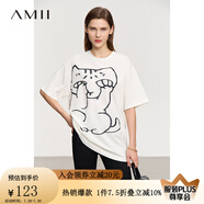 AMII2025夏極簡(jiǎn)新款插畫(huà)撞色藝術(shù)印花寬松中長(zhǎng)落肩短袖棉質(zhì)T恤女 白底黑圖 XL