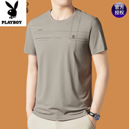 花花公子（PLAYBOY）桑蠶絲順滑短袖t恤男士2025新款圓領(lǐng)體恤衫夏季新款半袖男上衣T 短袖711卡其 4XL 190  180-210斤