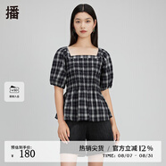 播春夏季新款氣質翻領復古泡泡袖方領襯衫女DDQ3HD5052 K41黑色格 XS