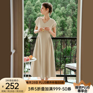 Olrain歐芮兒深灰色連衣裙女裝夏季新款時尚收腰顯瘦傘擺裙子 裸杏色 L