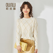 歐絲璐秋冬新品圓領撞色純羊毛毛衣女 雪白 105/L