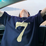 PMWRUN數(shù)字7印花純棉T恤男夏季美式復(fù)古痞帥炸街短袖情侶半袖體恤上衣服 純棉 藏藍(lán) M