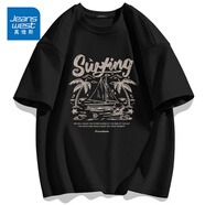 真維斯（Jeanswest）新疆棉重磅300g美式純棉短袖T恤男夏季寬松大碼打底衫上衣半袖男 黑色(大風(fēng)景笑臉) S (165) (體重90-110斤)