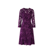 MOISELLE【秋冬臻選】女士新款秋冬季金絲絨刺繡蕾絲修身連衣裙 深紫色 36/S 均碼