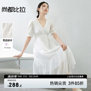 尚都比拉（Sentubila）優(yōu)雅度假風(fēng)修身浪漫花邊裝飾腰A字醋酸天絲混紡面料V領(lǐng)連衣裙 白色 L 110-120斤建議選擇