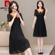 皮爾卡丹蘋(píng)果形身材遮大肚子雪紡大尺碼連衣裙2025新款夏季時(shí)尚減齡洋氣裙 橘色 L 建議95-110斤