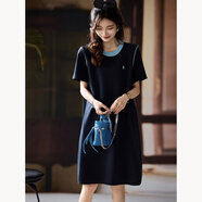燕潯時尚拼接撞色連衣裙女夏季歐貨大碼裙子2025年新款氣質(zhì)中長裙 藏青色 L 【110-125斤】