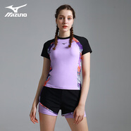 美津濃（MIZUNO）泳衣女分體休閑修身顯瘦遮肚大碼短袖短褲套裝沙灘度假泳裝 N2CG1305-09黑色2件套【上衣+短 S
