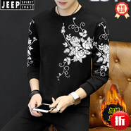 JEEP SPIRIT長(cháng)袖T恤2025新款打底衫潮秋衣男上衣秋冬季春秋加絨衛衣內搭衣服 葡萄花黑 加絨 M 建議80-100斤