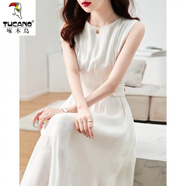 啄木鳥(niǎo)通勤圓領(lǐng)無(wú)袖大紐扣連衣裙女2025夏季新款中長(cháng)款氣質(zhì)收腰a字裙 本白 XL