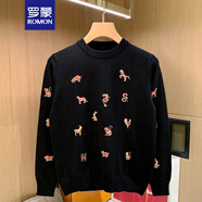 羅蒙（ROMON）輕奢潮牌輕奢個(gè)性長(cháng)袖針織衫男士秋冬款彩色麋鹿刺繡修身圓領(lǐng)毛衣 B3113-黑色 常規 3XL 165-180斤