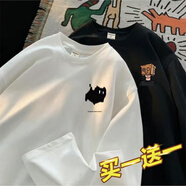 京識2件裝長(cháng)袖T恤男秋季青少年寬松運動(dòng)打底衫潮流休閑秋衣男裝t恤 貓01白色+紙帽人黑色 XL