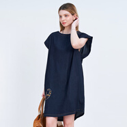 木果果木2025夏季新款復古刺繡印花鏤空設計寬松無(wú)袖牛仔連衣裙 深藍色 M