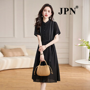 JPN香港潮牌襯衫領(lǐng)連衣裙女圓領(lǐng)提花時尚氣質(zhì)顯瘦兩側(cè)口袋收腰裙子 黑色 M