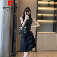 皮爾卡丹（pierre cardin）小香風(fēng)夏季感圓領(lǐng)無袖針織連衣裙豎條紋A字裙冰絲薄款收腰女 黑色 M 建議98-108斤