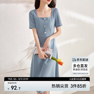 尚都比拉短袖連衣裙女夏季復古赫本風氣質通勤裙子中長款A字裙 灰藍色 S