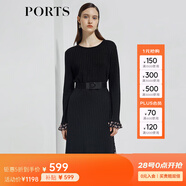 PORTS寶姿商場同款新品女裝喇叭袖撞色印花連衣裙LL8K201KXF002 黑色混色 M