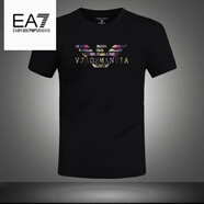EMPORIO ARMANI EA7阿瑪尼夏季青年男士純棉短袖t恤男修身半袖印花男裝打底衫 AM1928短袖黑色 L 建議【120-140】斤