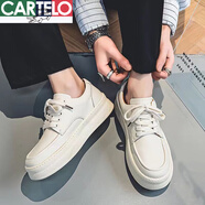 卡帝樂鱷魚（CARTELO）男鞋2025新款厚底白色真皮板鞋男夏季韓版軟底小白鞋男休閑百搭潮 白色 40