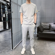 花花公子短袖T恤男休閑套裝夏季冰絲圓領(lǐng)半袖男t恤上衣服褲子一套男裝衣服 CY855灰色 3XL/185