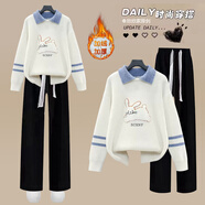 VZVG初中學(xué)生秋冬衣服女12少女大童寬松毛衣搭配加絨褲子休閑兩件套裝 白色毛衣+黑色加絨褲【套裝】 S 【建議70-90斤】