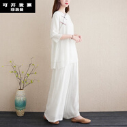 菲洛曼（FEILUOMAN）禪服佛系女春夏棉麻套裝女高端亞麻中國風茶服新中式禪意居士服 白色 M【建議100-115斤】