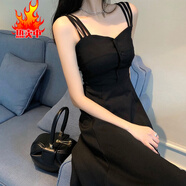 junfangya吊帶連衣裙子女夏2025年新款小黑裙法式茶歇復(fù)古桔梗過膝收腰長裙 黑色#828 3XL