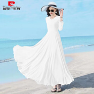 皮爾卡丹2025雙層大擺色長(cháng)袖中長(cháng)款跳舞雪紡連衣裙過(guò)膝度假沙灘大碼長(cháng)裙 白色 2XL 【建議125-135斤