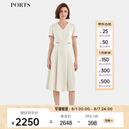 PORTS寶姿女裝春夏新款優(yōu)雅精美扣飾裝飾V領(lǐng)收腰短袖連衣裙 奶白色 M (6)