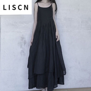 LISCN連衣裙女2025夏季黑白超長不規(guī)則大擺吊帶裙文藝清氣質(zhì)長裙新款 黑色 L