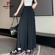 皮爾卡丹（pierre cardin）冰絲棉麻闊腿褲女夏季薄款粉色裙褲高腰系帶垂感開(kāi)叉休閑亞麻褲子 黑色 XL