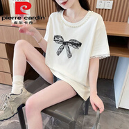 皮爾卡丹夏季純.棉重工釘珠上衣大尺碼寬松胖m妹遮肉顯瘦蕾絲花邊蝴蝶結t 白色 100%棉面料今年流行的輕奢 M 建議80-110斤