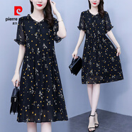皮爾卡丹（pierre cardin）大碼雪紡連衣裙女夏季遮肚顯瘦減齡洋氣短袖印花裙子 黑色 4XL 160-180斤