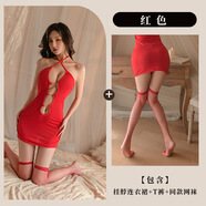 1931潮尚內衣女士性感短裙誘惑豹紋掛脖吊帶連體緊身連衣裙 紅色[連體衣+丁字褲]+紅網(wǎng)襪 均碼
