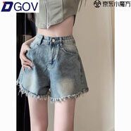 DGOV復古美式牛仔短褲女做舊設計感小眾短熱褲小個(gè)子毛邊闊腿a字褲 復古藍+腰帶 M 建議95-105斤