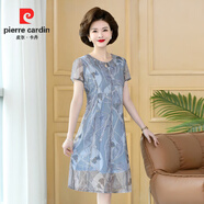 皮爾卡丹中年女夏裝短袖洋裝大碼40歲50中老年媽媽裝連衣裙短袖休閑連身裙 灰藍色 XL 建議90-105斤
